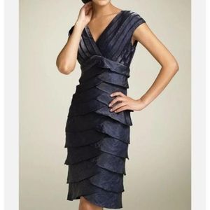 Adrianna Papell Shutter Pleat Tiered Formal Dress V-Neck in Navy Blue